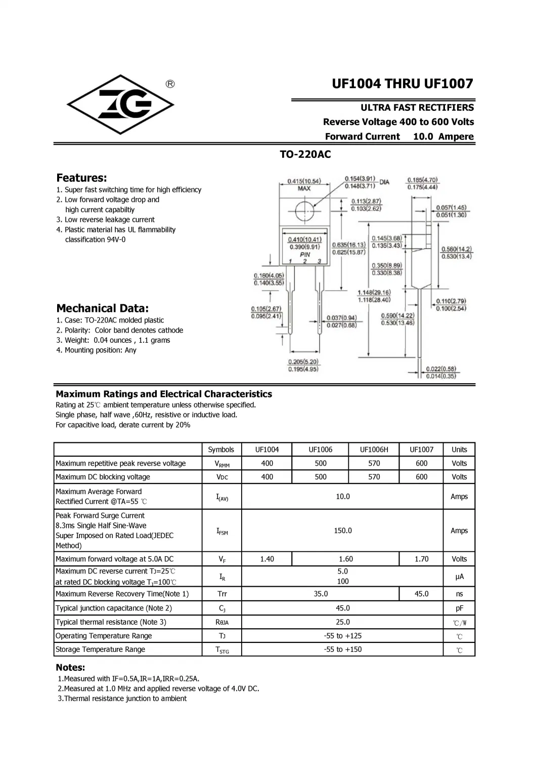 UF1006 500V 10A to-220AC Super Fast Rectifier Diode Mofet